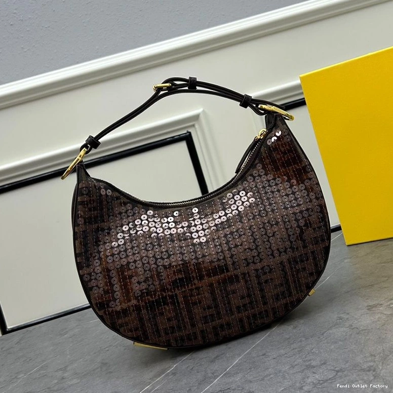 Cheap HOT Small Brown Hobo Bag with Fabric In Sequins Fendi Motif FF Fendigraphy 0821